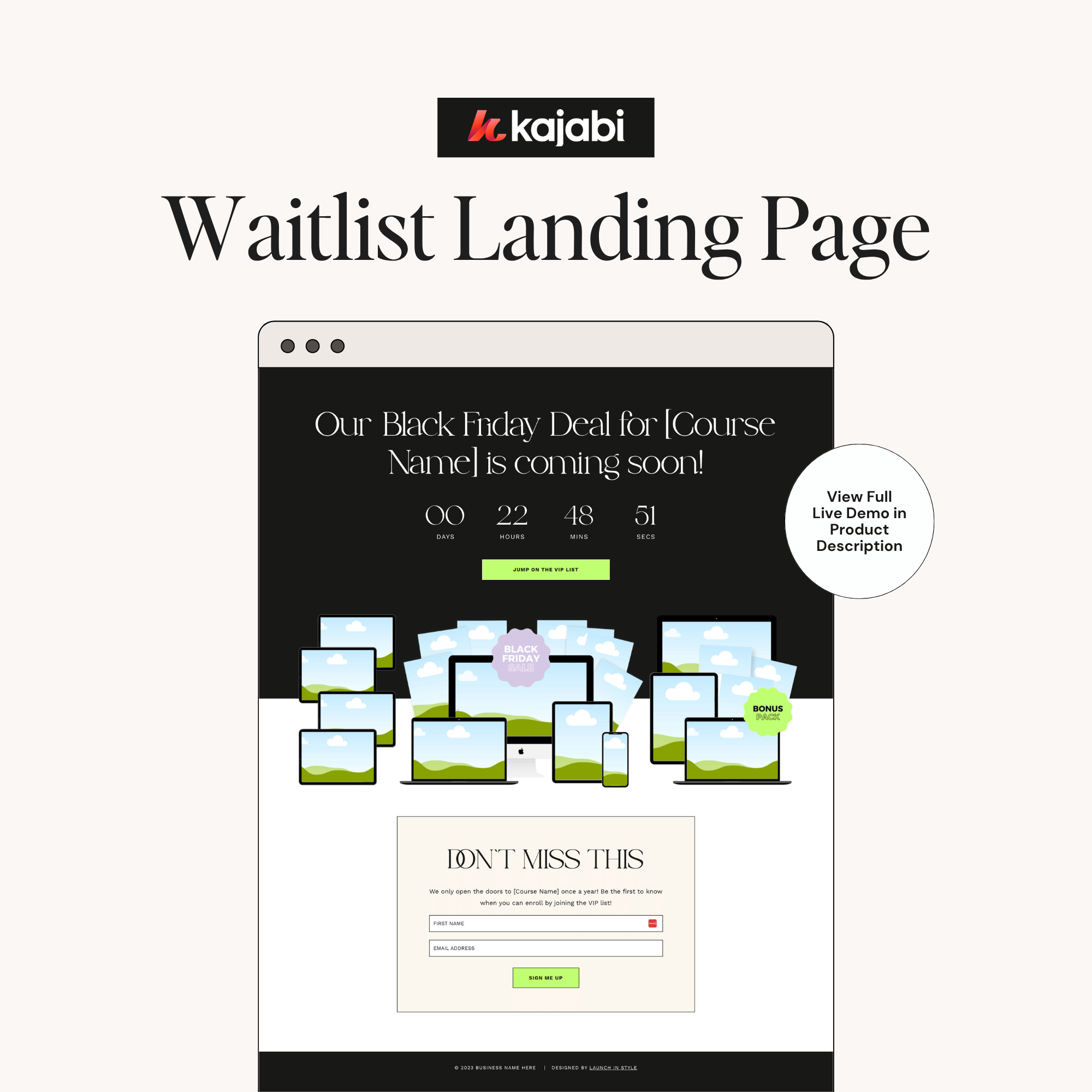 Black Friday waitlist landing page template for Kajabi with countdown timer