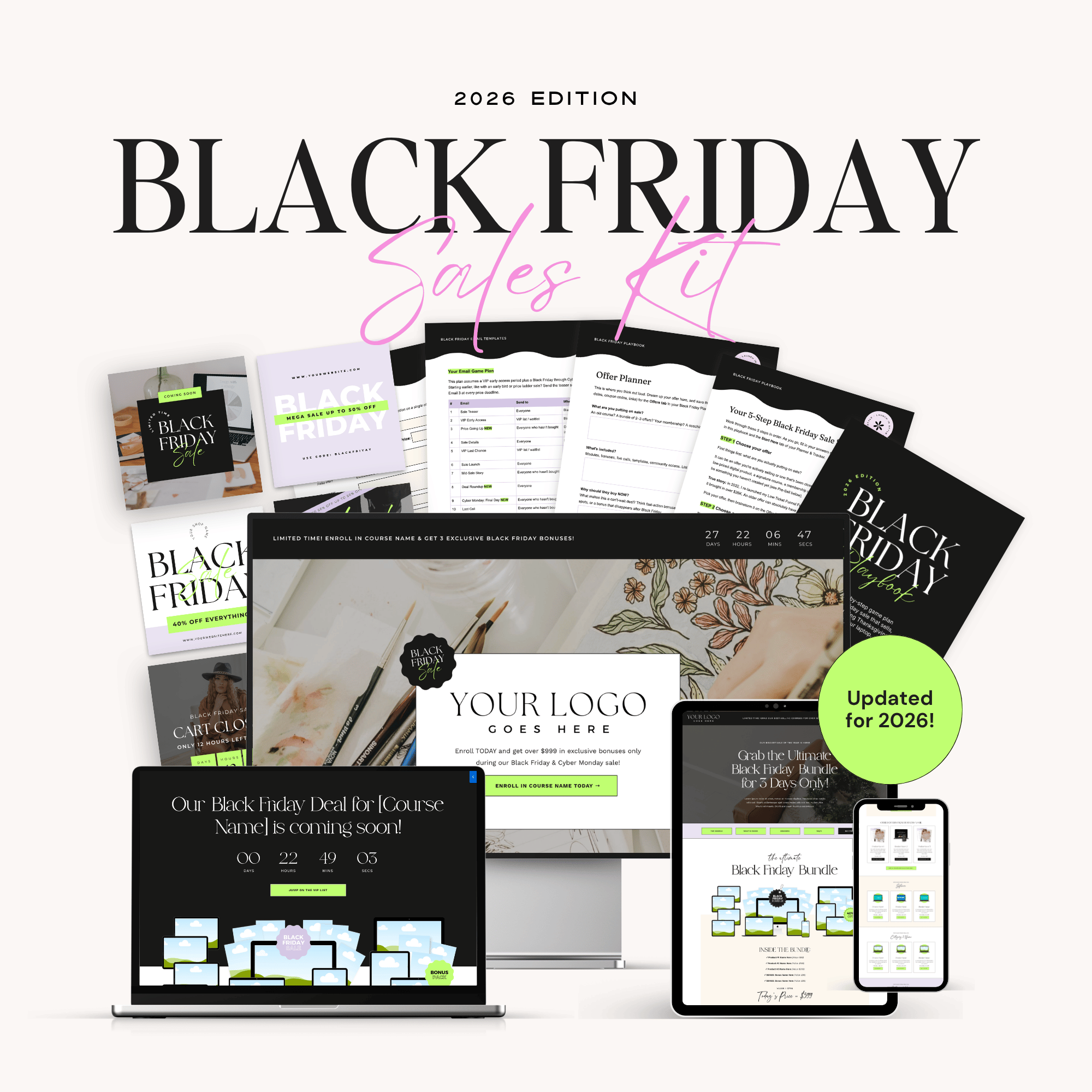 Black Friday Sales Kit 2026 Edition for Kajabi with sales page templates, planner, email and social templates, and Canva graphics