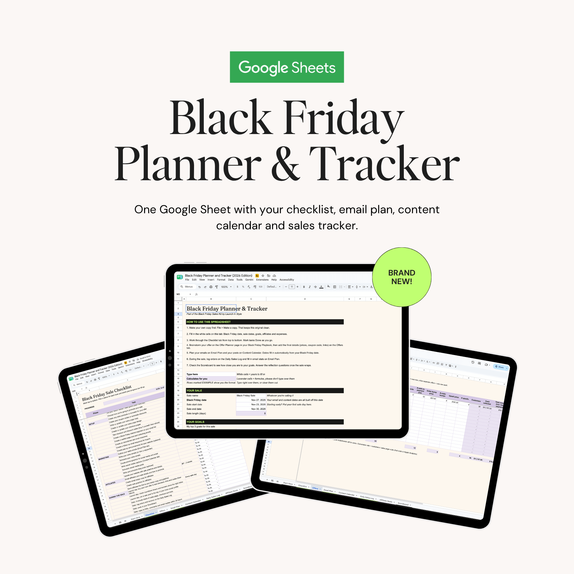 Black Friday Planner & Tracker Google Sheet with checklist, email plan, content calendar and sales tracker